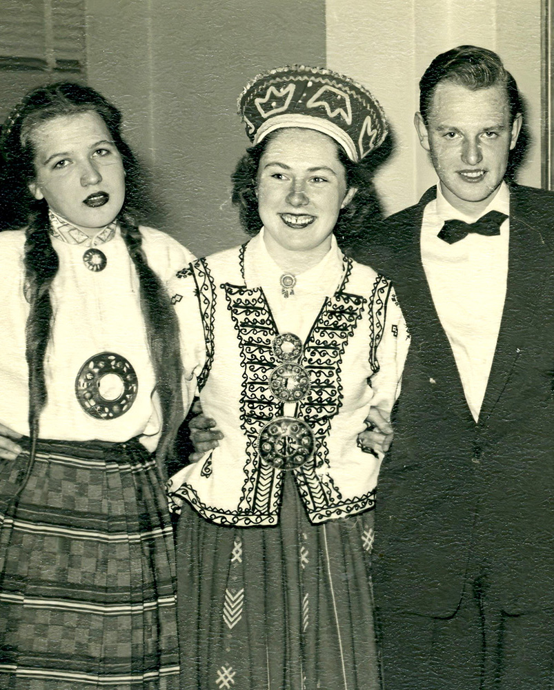 Members of the “Sprigulītis” Canberra Latvian folk dance ensemble at the “Sprigulītis” ball in 1955. Vita Ruņģis, second from left. Donated by Egons Eversons. From the collection of the “Latvians Abroad - Museum and Research Centre”.